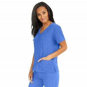 Medline Park Ave Women's Stretch Fabric Mock Wrap Scrub Top with Pockets - Park ave Women's Mock Wrap Scrub Top with 2 Pockets, Size M, Ceil Blue - 5587CBLM