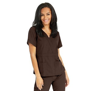 Medline Park Ave Women's Stretch Fabric Mock Wrap Scrub Top with Pockets - Park ave Women's Mock Wrap Scrub Top with 2 Pockets, Size L, Chocolate - 5587CHCL