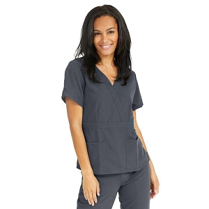 Medline Park Ave Women's Stretch Fabric Mock Wrap Scrub Top with Pockets - Park ave Women's Mock Wrap Scrub Top with 2 Pockets, Size L, Charcoal - 5587CHRL