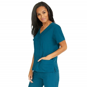 Medline Park Ave Women's Stretch Fabric Mock Wrap Scrub Top with Pockets - Park ave Women's Mock Wrap Scrub Top with 2 Pockets, Size M, Caribbean Blue - 5587CRBM