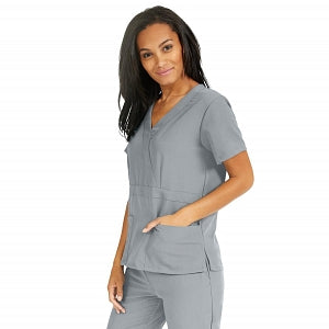 Medline Park Ave Women's Stretch Fabric Mock Wrap Scrub Top with Pockets - Park ave Women's Mock Wrap Scrub Top with 2 Pockets, Size S, Light Gray - 5587GRYS