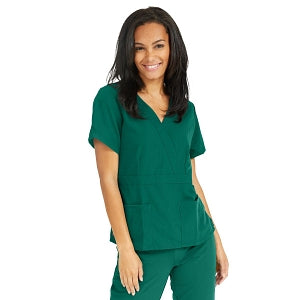 Medline Park Ave Women's Stretch Fabric Mock Wrap Scrub Top with Pockets - Park ave Women's Mock Wrap Scrub Top with 2 Pockets, Size M, Hunter Green - 5587HTRM