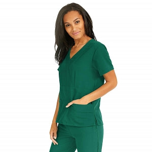 Medline Park Ave Women's Stretch Fabric Mock Wrap Scrub Top with Pockets - Park ave Women's Mock Wrap Scrub Top with 2 Pockets, Size XL, Hunter Green - 5587HTRXL