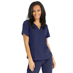 Medline Park Ave Women's Stretch Fabric Mock Wrap Scrub Top with Pockets - Park ave Women's Mock Wrap Scrub Top with 2 Pockets, Size M, Navy - 5587NVYM