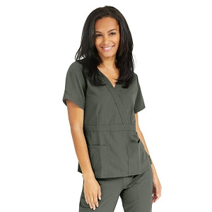 Medline Park Ave Women's Stretch Fabric Mock Wrap Scrub Top with Pockets - Park ave Women's Mock Wrap Scrub Top with 2 Pockets, Size L, Olive - 5587OLVL