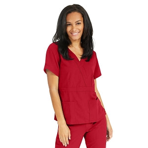 Medline Park Ave Women's Stretch Fabric Mock Wrap Scrub Top with Pockets - Park ave Women's Mock Wrap Scrub Top with 2 Pockets, Size S, Red - 5587REDS