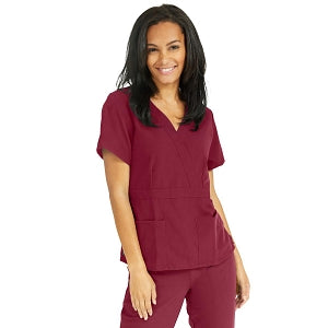 Medline Park Ave Women's Stretch Fabric Mock Wrap Scrub Top with Pockets - Park ave Women's Mock Wrap Scrub Top with 2 Pockets, Size L, Wine - 5587WNEL