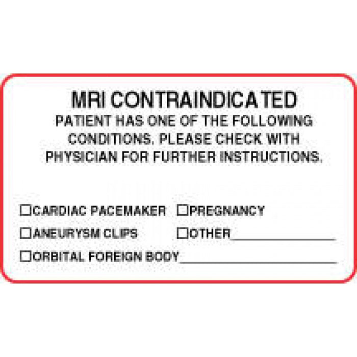 Label Paper Permanent Mri Contraindicated 3" X 1 3/4" White With Red 500 Per Roll