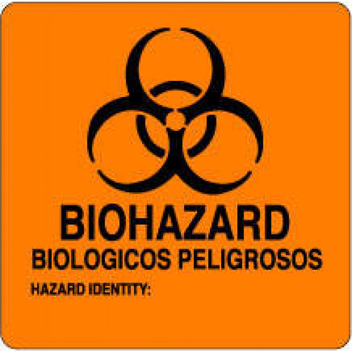 Label Paper Permanent Biohazard Biologicos 3" X 3 Fl. Orange 500 Per Roll