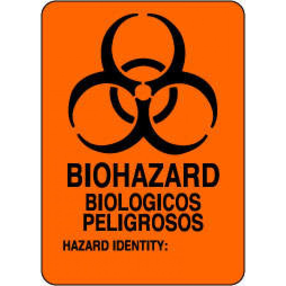 Label Paper Permanent Biohazard Biologicos 1 1/2" Core 2 1/2" X 3 1/2" Fl. Orange 500 Per Roll