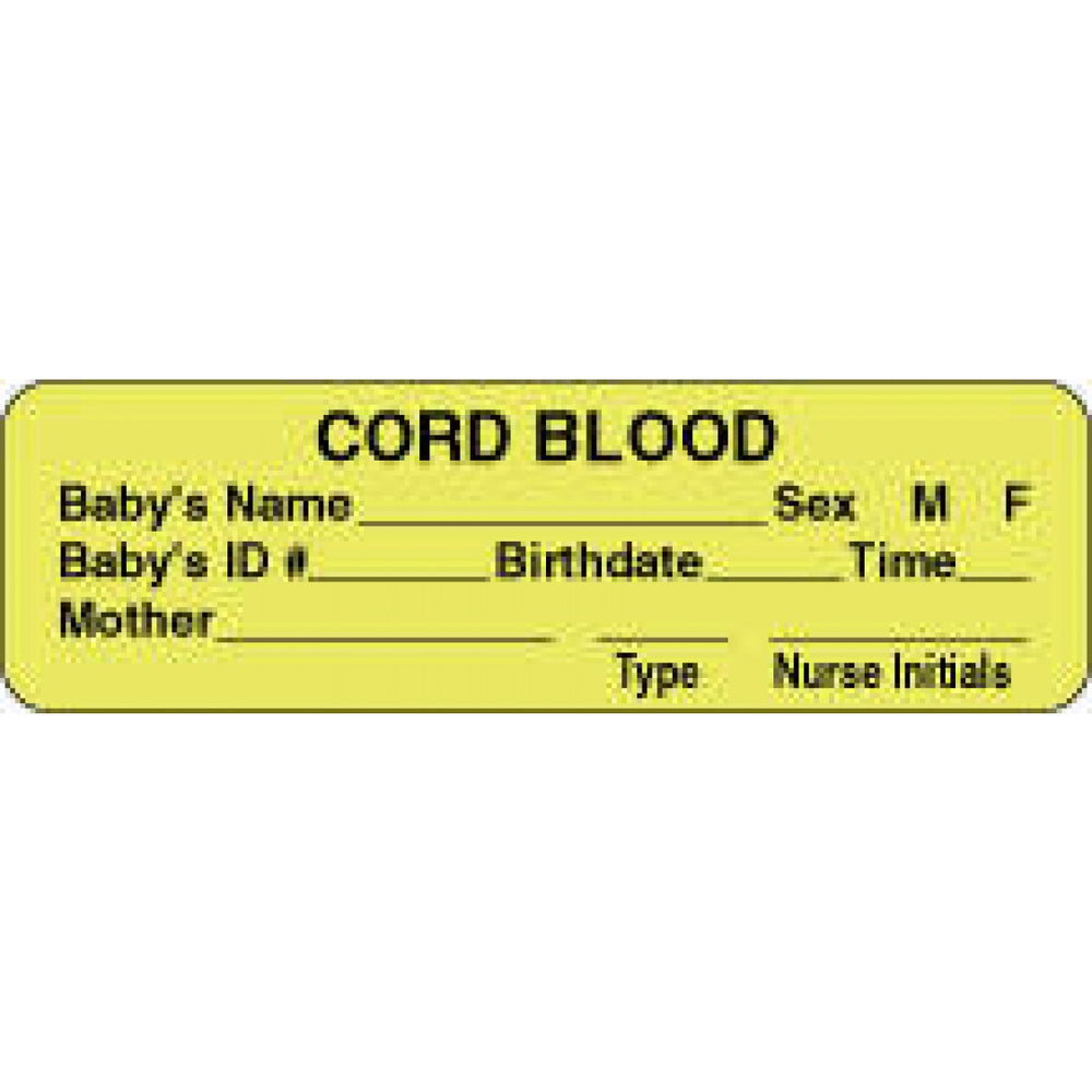 Label Paper Permanent Cord Blood Babys 2 7/8" X 7/8" Fl. Yellow 1000 Per Roll