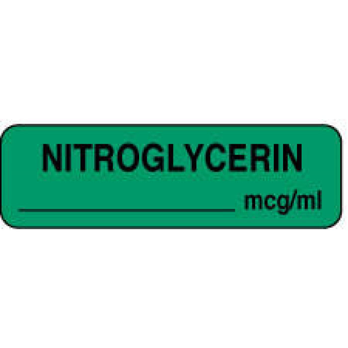 Anesthesia Label Paper Permanent Nitroglycerin Mcg/Ml 1 1/4" X 3/8" Green 1000 Per Roll