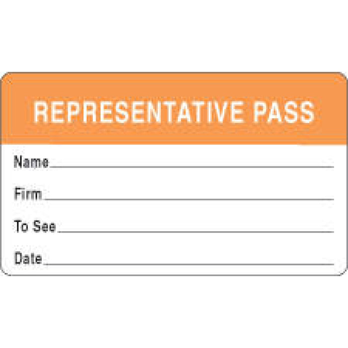 Visitor Pass Label Paper Removable Representative Pass 1" Core 2 3/4 " X 1 3/4" Orange 1000 Per Roll