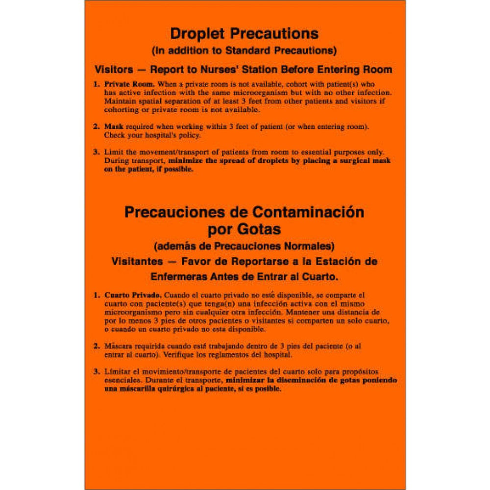 Label Paper Removable Droplet Precautions 5 1/4" X 8" Fl. Orange 50 Per Package