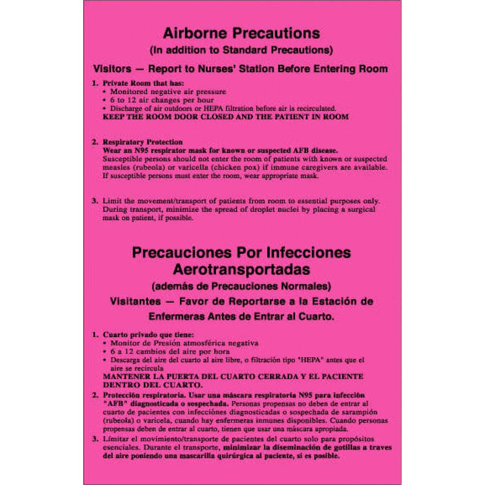 Label Paper Removable Airborne Precautions 5 1/4" X 8" Fl. Pink 50 Per Package