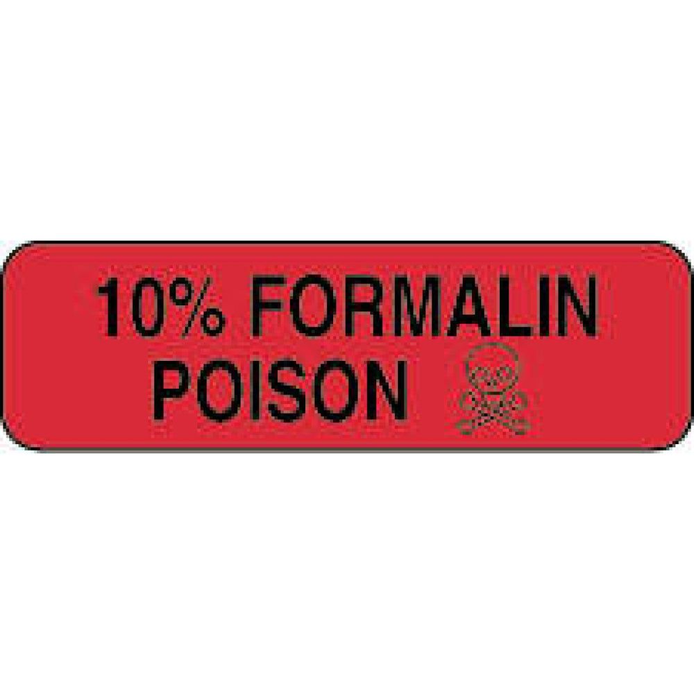 Hazard Label (Paper, Permanent) 10% Formalin Poison 1 1/4" X 3/8" Fluorescent Red - 1000 Labels Per Roll