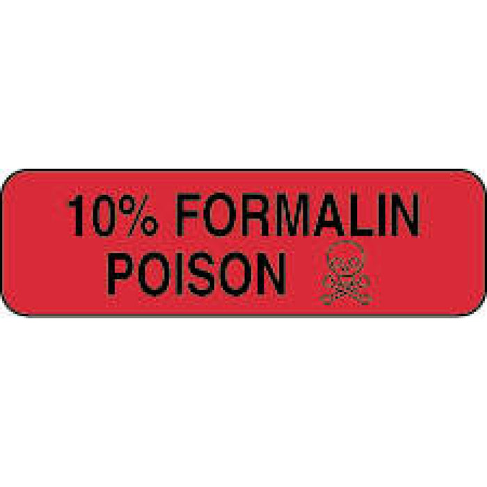 Hazard Label (Paper, Permanent) 10% Formalin Poison 1 1/4" X 3/8" Fluorescent Red - 1000 Labels Per Roll