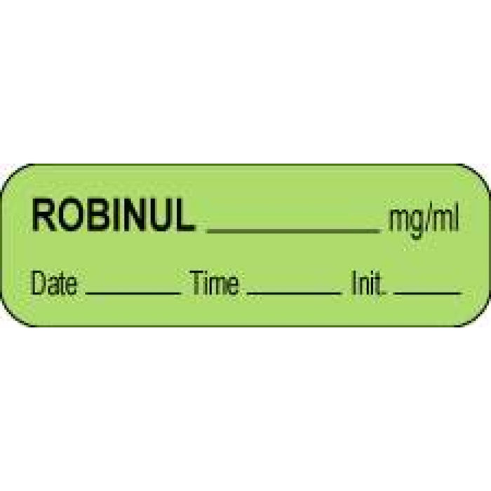 Anesthesia Label With Date, Time, And Initial Paper Permanent Robinul Mg/Ml 1 1/2" X 1/2" Green 1000 Per Roll