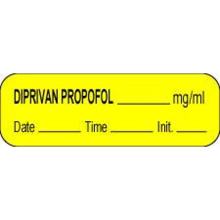 Anesthesia Label With Date, Time, And Initial Paper Permanent Diprivan Propofol Mg/Ml 1 1/2" X 1/2" Yellow 1000 Per Roll