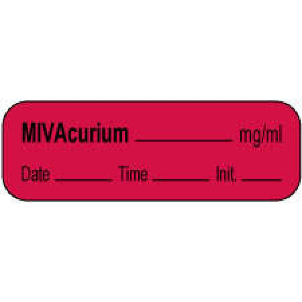 Anesthesia Label With Date, Time, And Initial | Tall-Man Lettering Paper Permanent Mivacurium Mg/Ml 1 1/2" X 1/2" Fl. Red 1000 Per Roll