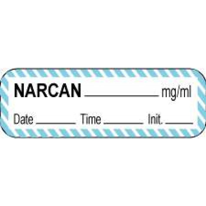 Anesthesia Label With Date, Time, And Initial Paper Permanent Narcan Mg/Ml 1 1/2" X 1/2" White With Blue 1000 Per Roll