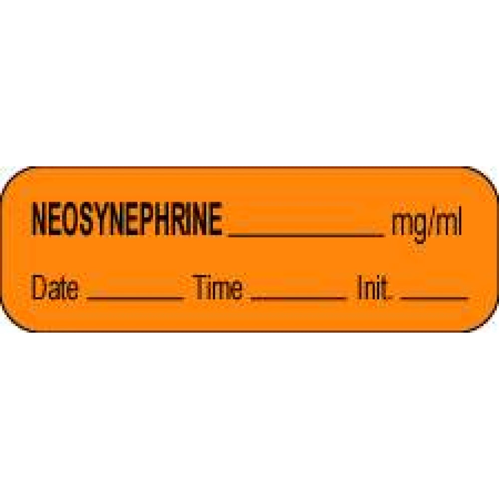 Anesthesia Label With Date, Time, And Initial Paper Permanent Neosynephrine Mg/Ml 1 1/2" X 1/2" Orange 1000 Per Roll