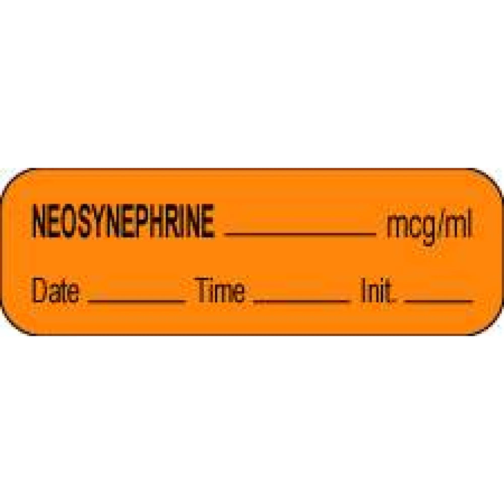 Anesthesia Label With Date, Time, And Initial Paper Permanent Neosynephrine Mcg/Ml 1 1/2" X 1/2" Orange 1000 Per Roll