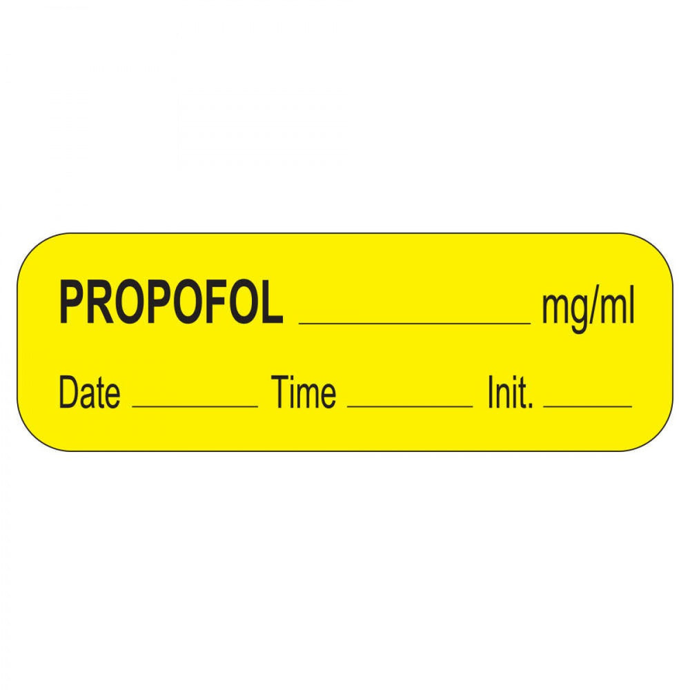 Anesthesia Label With Date, Time, And Initial Paper Permanent Propofol Mg/Ml 1 1/2" X 1/2" Yellow 1000 Per Roll