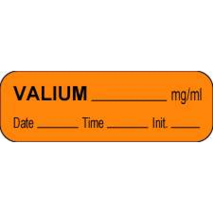 Anesthesia Label With Date, Time, And Initial Paper Permanent Valium Mg/Ml 1 1/2" X 1/2" Orange 1000 Per Roll