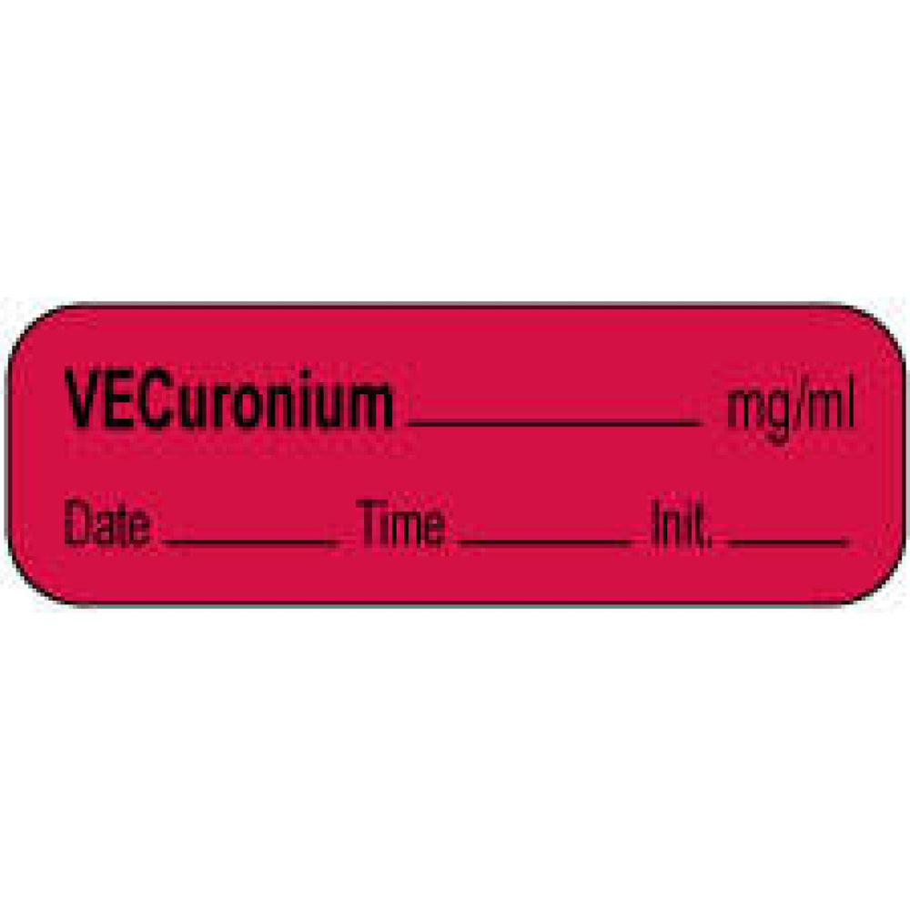 Anesthesia Label With Date, Time, And Initial | Tall-Man Lettering Paper Permanent Vecuronium Mg/Ml 1 1/2" X 1/2" Fl. Red 1000 Per Roll