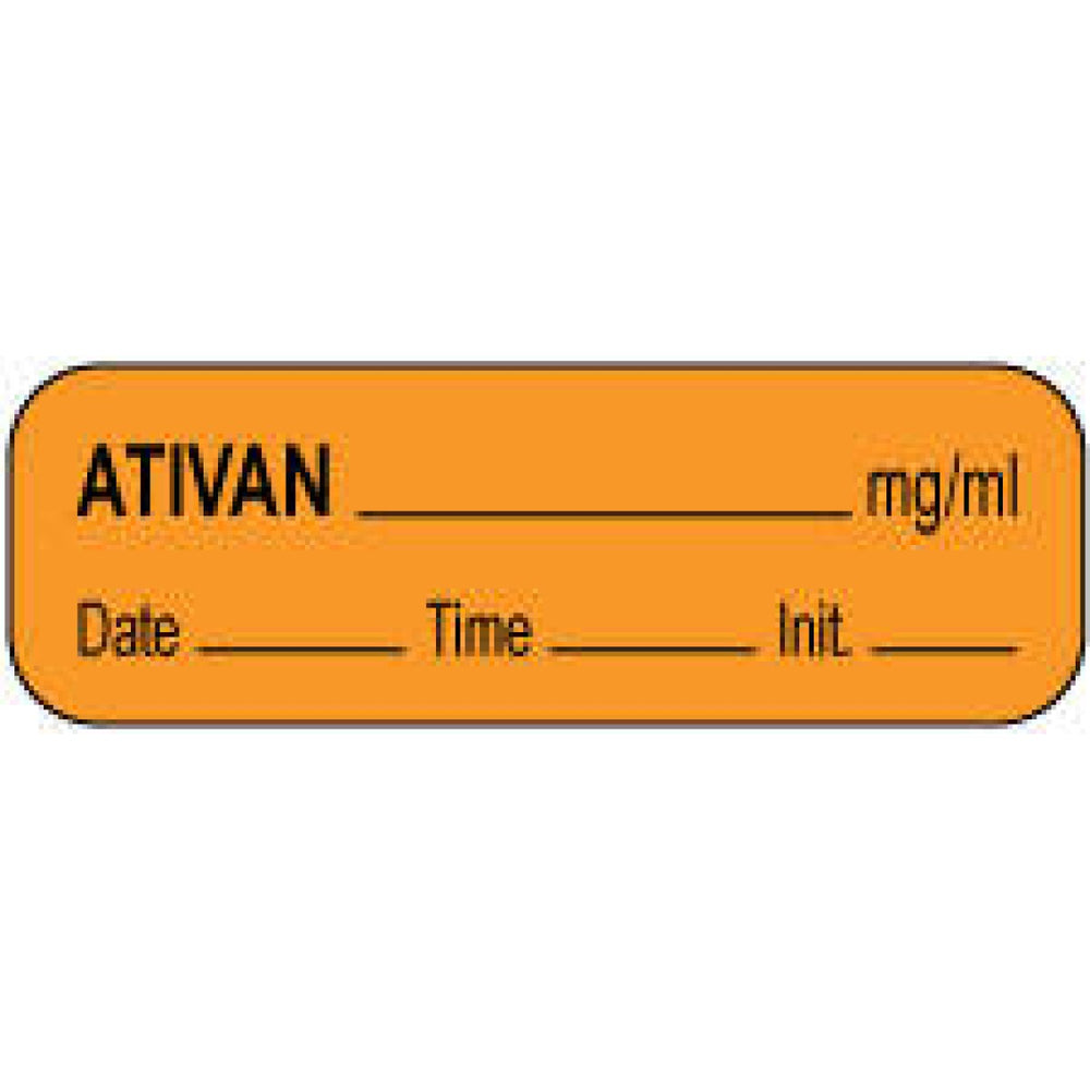 Anesthesia Label With Date, Time, And Initial Paper Permanent Ativan Mg/Ml 1 1/2" X 1/2" Orange 1000 Per Roll