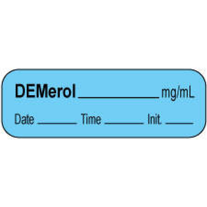 Anesthesia Label With Date, Time, And Initial | Tall-Man Lettering Paper Permanent Demerol Mg/Ml 1 1/2" X 1/2" Blue 1000 Per Roll