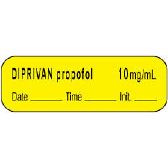 Anesthesia Label With Date, Time, And Initial | Tall-Man Lettering Paper Permanent Diprivan Propofol 1 1/2" X 1/2" Yellow 1000 Per Roll