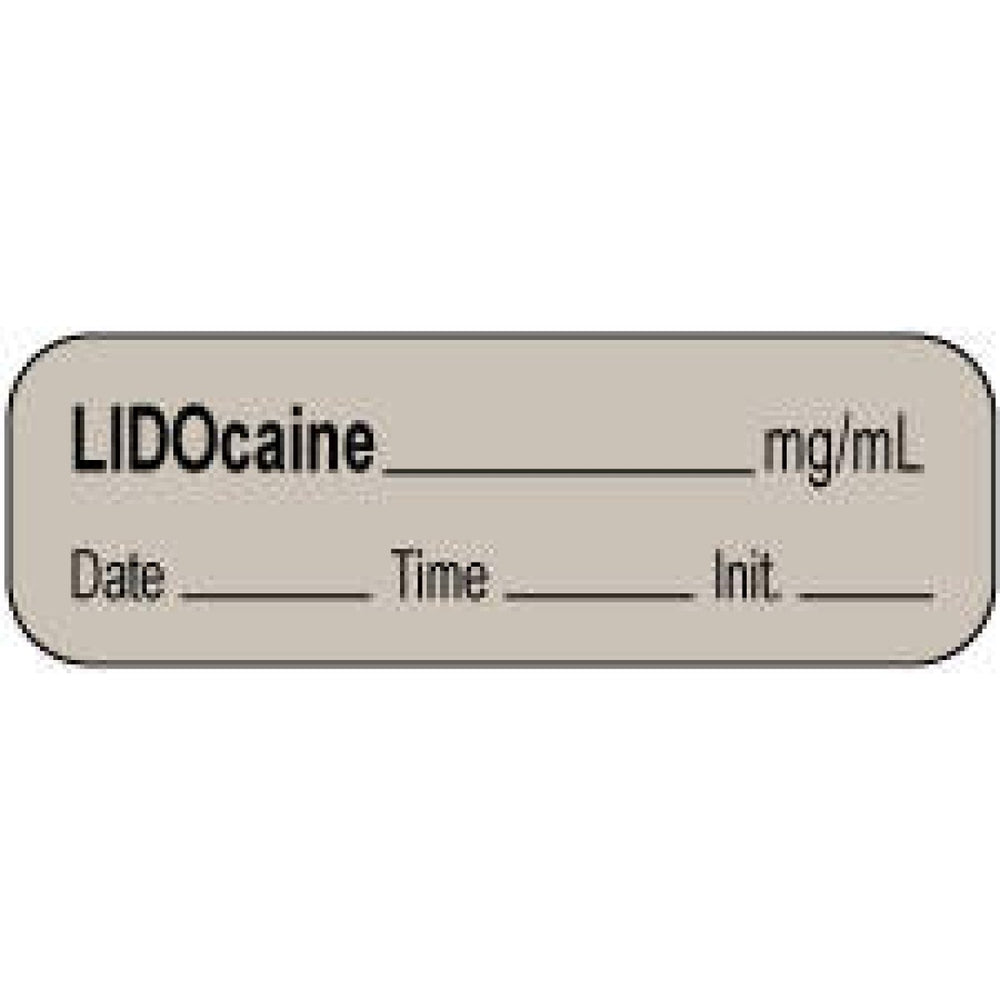 Anesthesia Label With Date, Time, And Initial | Tall-Man Lettering Paper Permanent Lidocaine Mg/Ml 1 1/2" X 1/2" Gray 1000 Per Roll