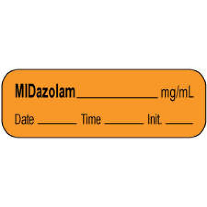 Anesthesia Label With Date, Time, And Initial | Tall-Man Lettering Paper Permanent Midazolam Mg/Ml 1 1/2" X 1/2" Orange 1000 Per Roll