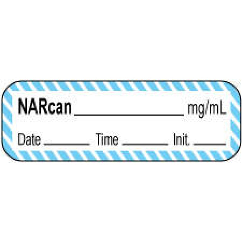 Anesthesia Label With Date, Time, And Initial | Tall-Man Lettering Paper Permanent Narcan Mg/Ml 1 1/2" X 1/2" White With Blue 1000 Per Roll