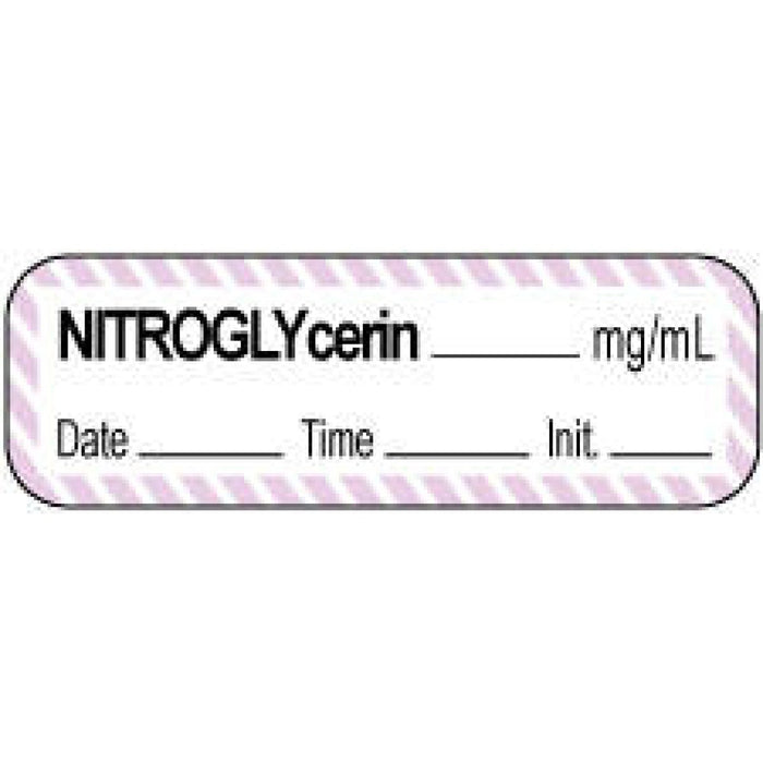 Anesthesia Label With Date, Time, And Initial | Tall-Man Lettering Paper Permanent Nitroglycerin Mg/Ml 1 1/2" X 1/2" White With Violet 1000 Per Roll