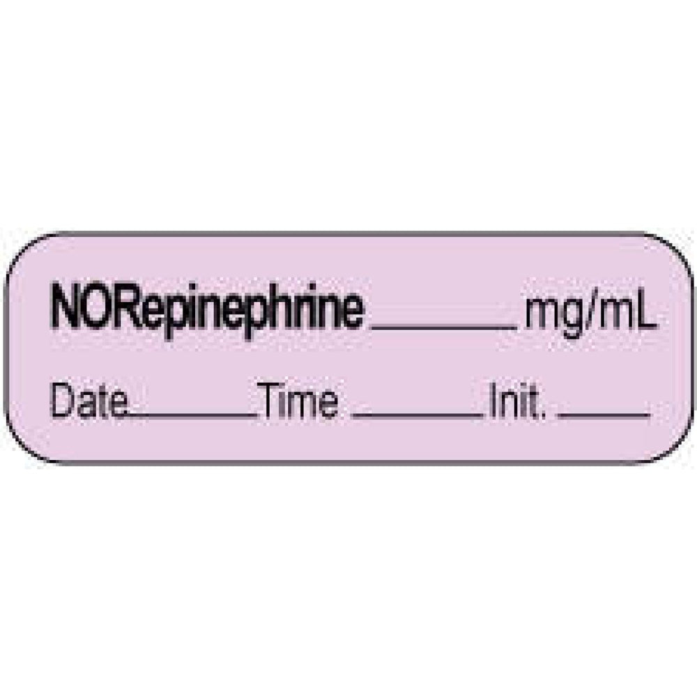 Anesthesia Label With Date, Time, And Initial | Tall-Man Lettering Paper Permanent Norepinephrine Mg/Ml 1 1/2" X 1/2" Violet 1000 Per Roll