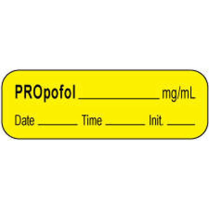 Anesthesia Label With Date, Time, And Initial | Tall-Man Lettering Paper Permanent Propofol Mg/Ml 1 1/2" X 1/2" Yellow 1000 Per Roll