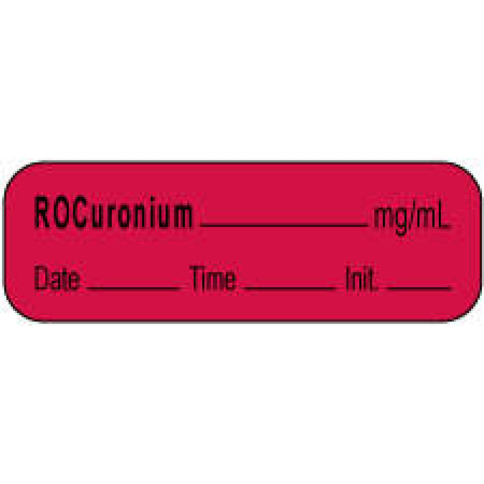 Anesthesia Label With Date, Time, And Initial | Tall-Man Lettering Paper Permanent Rocuronium Mg/Ml 1 1/2" X 1/2" Fl. Red 1000 Per Roll