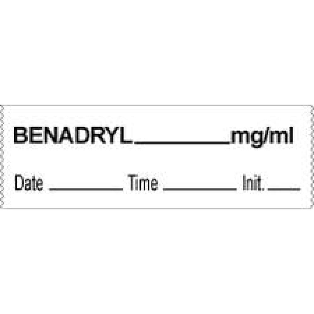 Anesthesia Tape With Date, Time, And Initial Removable Benadryl Mg/Ml 1" Core 1/2" X 500" Imprints White 333 500 Inches Per Roll