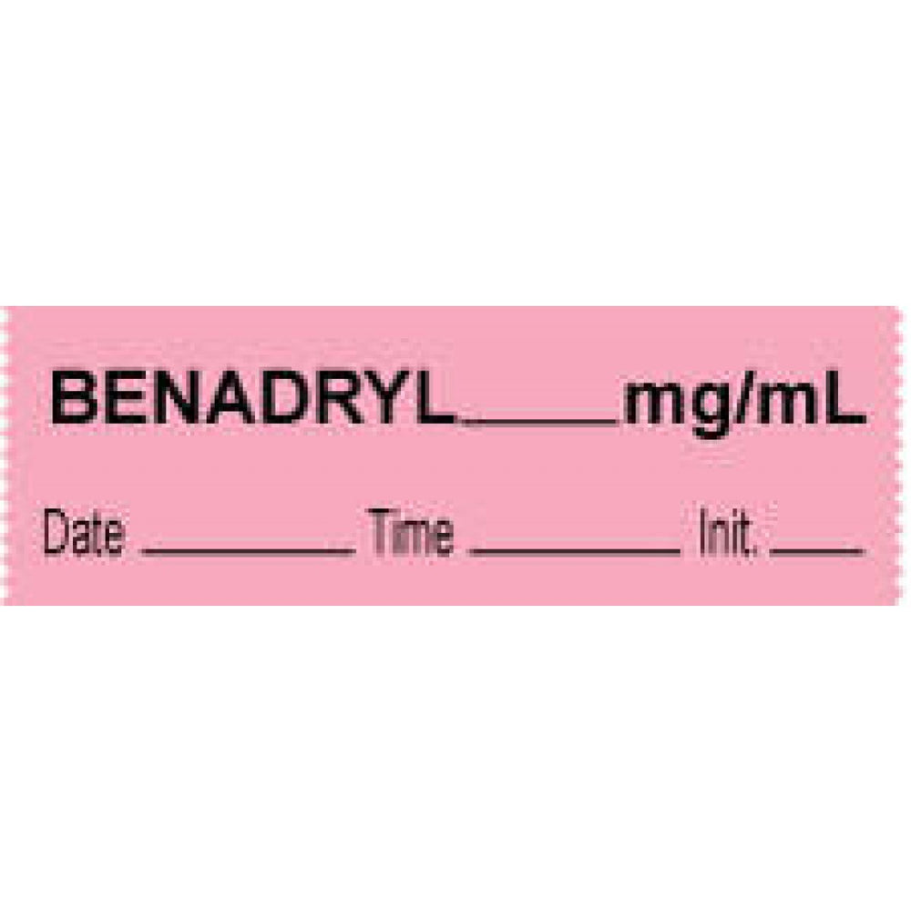 Anesthesia Tape With Date, Time, And Initial Removable Benadryl Mg/Ml 1" Core 1/2" X 500" Imprints Pink 333 500 Inches Per Roll