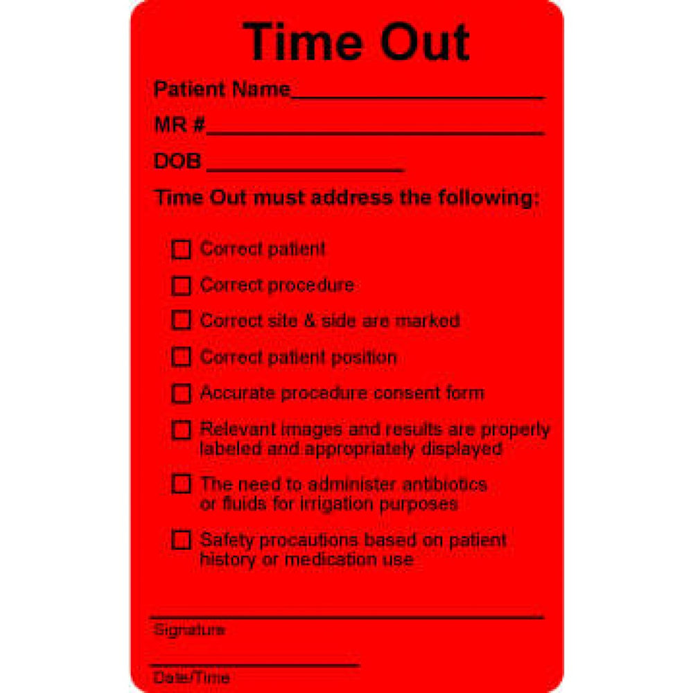 Label Paper Permanent Time Out 4" X 2 1/2" Fl. Red 500 Per Roll