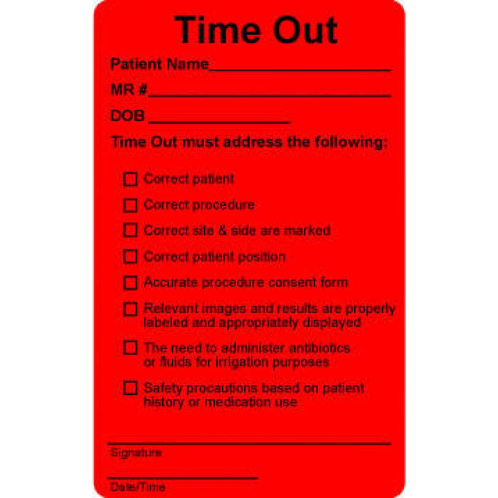 Label Paper Permanent Time Out 4" X 2 1/2" Fl. Red 500 Per Roll