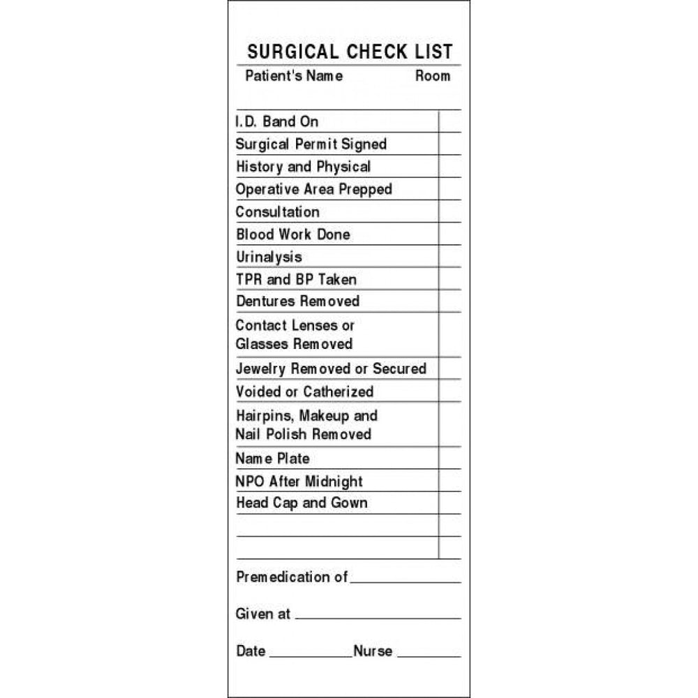 Label Paper Permanent Surgical Check List 2" X 5" White 50 Per Package