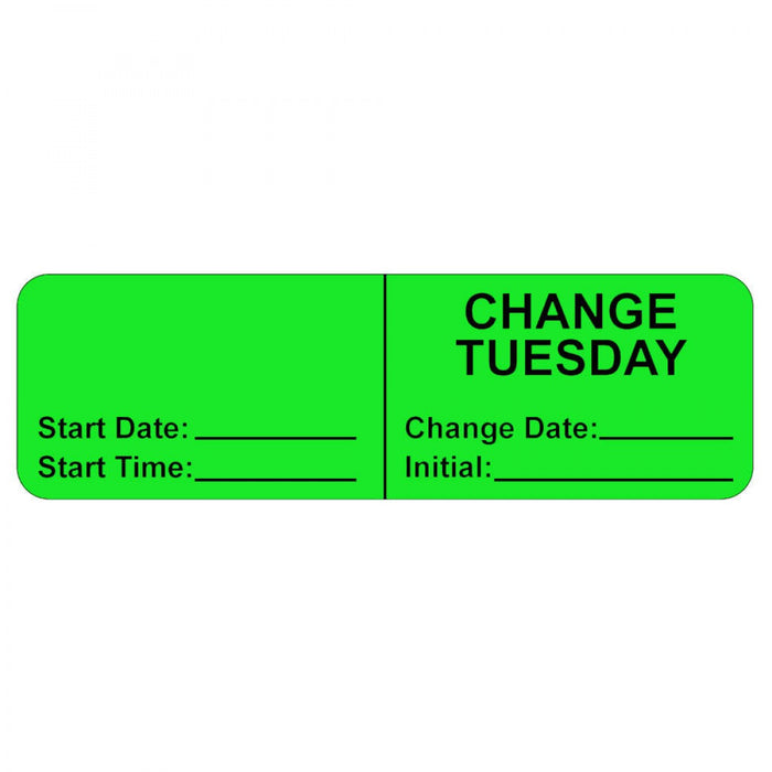 Iv Label, Wraparound, Paper, Permanent, "Change Tuesday", 2-7/8" X 7/8", Fl. Green, 1000 Per Roll