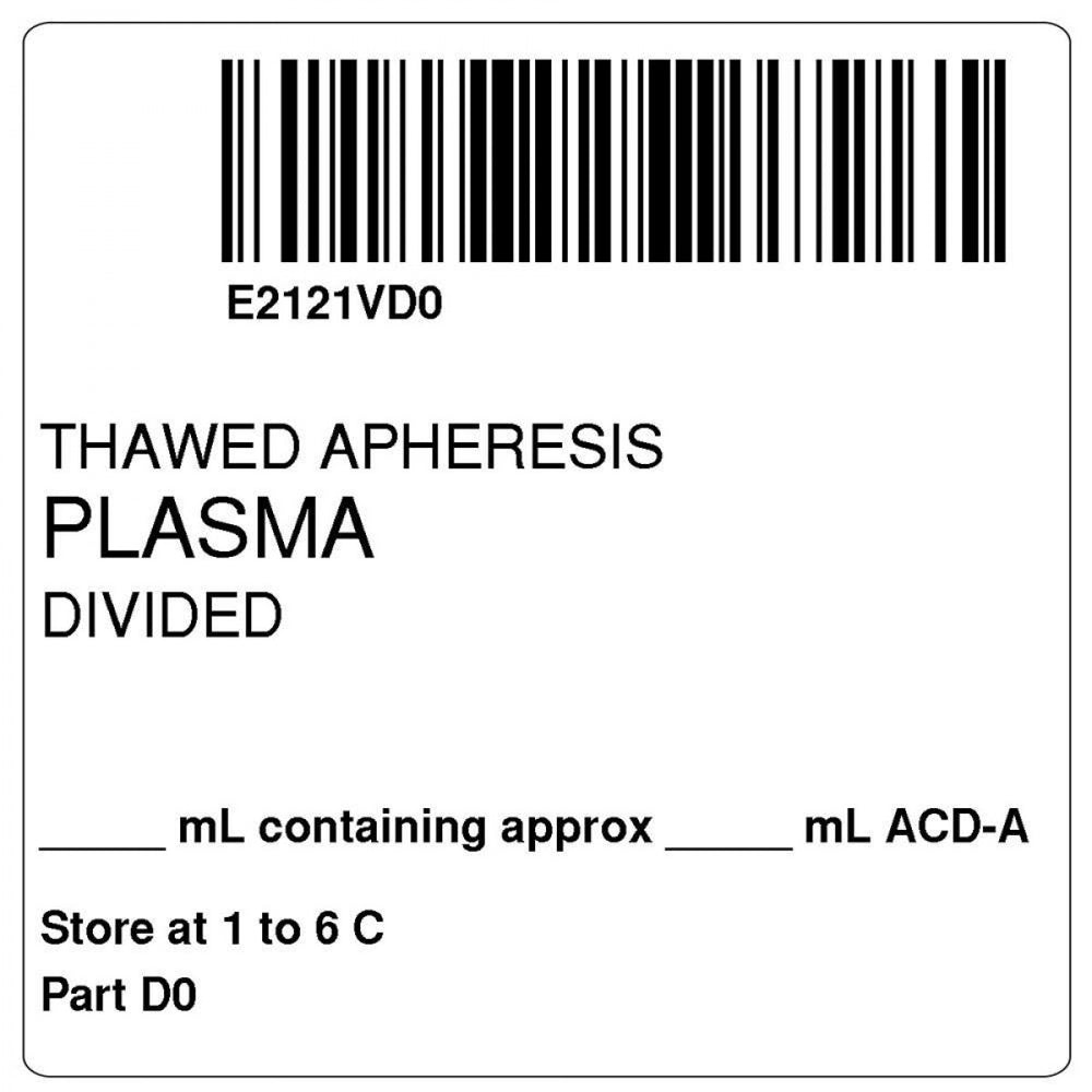 Label Isbt 128 Synthetic Permanent "Thawed Apheresis'' Core 2" X 2" White 500 Per Roll