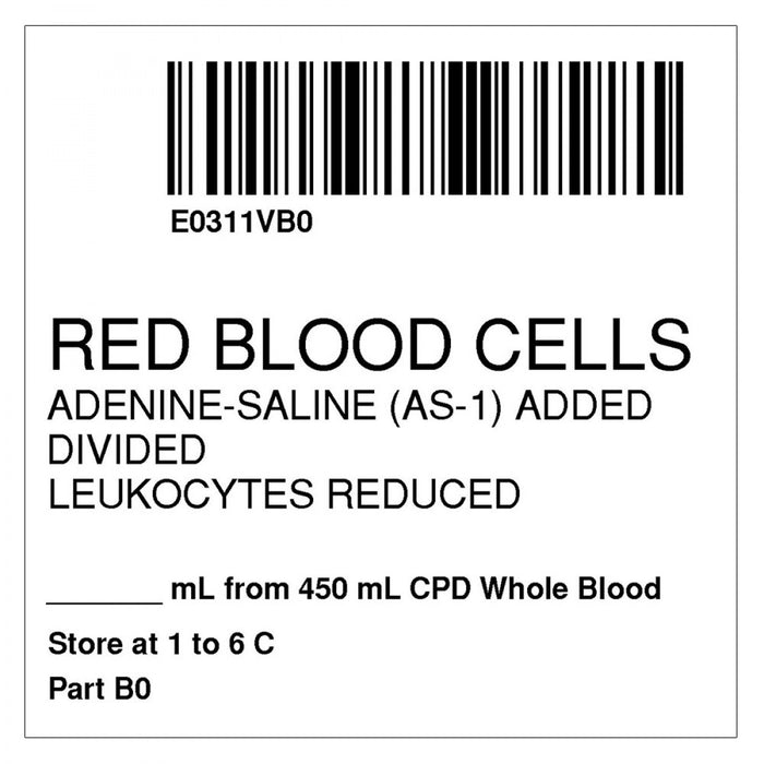 Label, Isbt 128, Synthetic, Permanent, "Red Blood Cells Adenine", 2 X 2, White, 500 Per Roll