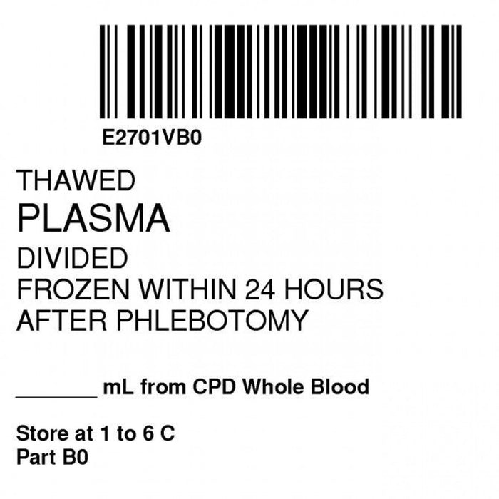 Label Isbt 128 Synthetic Permanent "Thawed Plasma Div'' Core 2" X 2" White 500 Per Roll