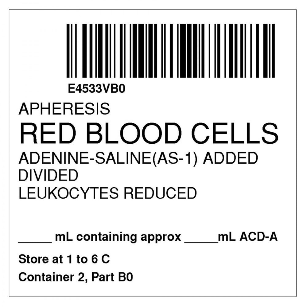 Label, Isbt 128, Synthetic, Permanent, "Apheresis Red Blood Cells", 2 X 2, White, 500 Per Roll